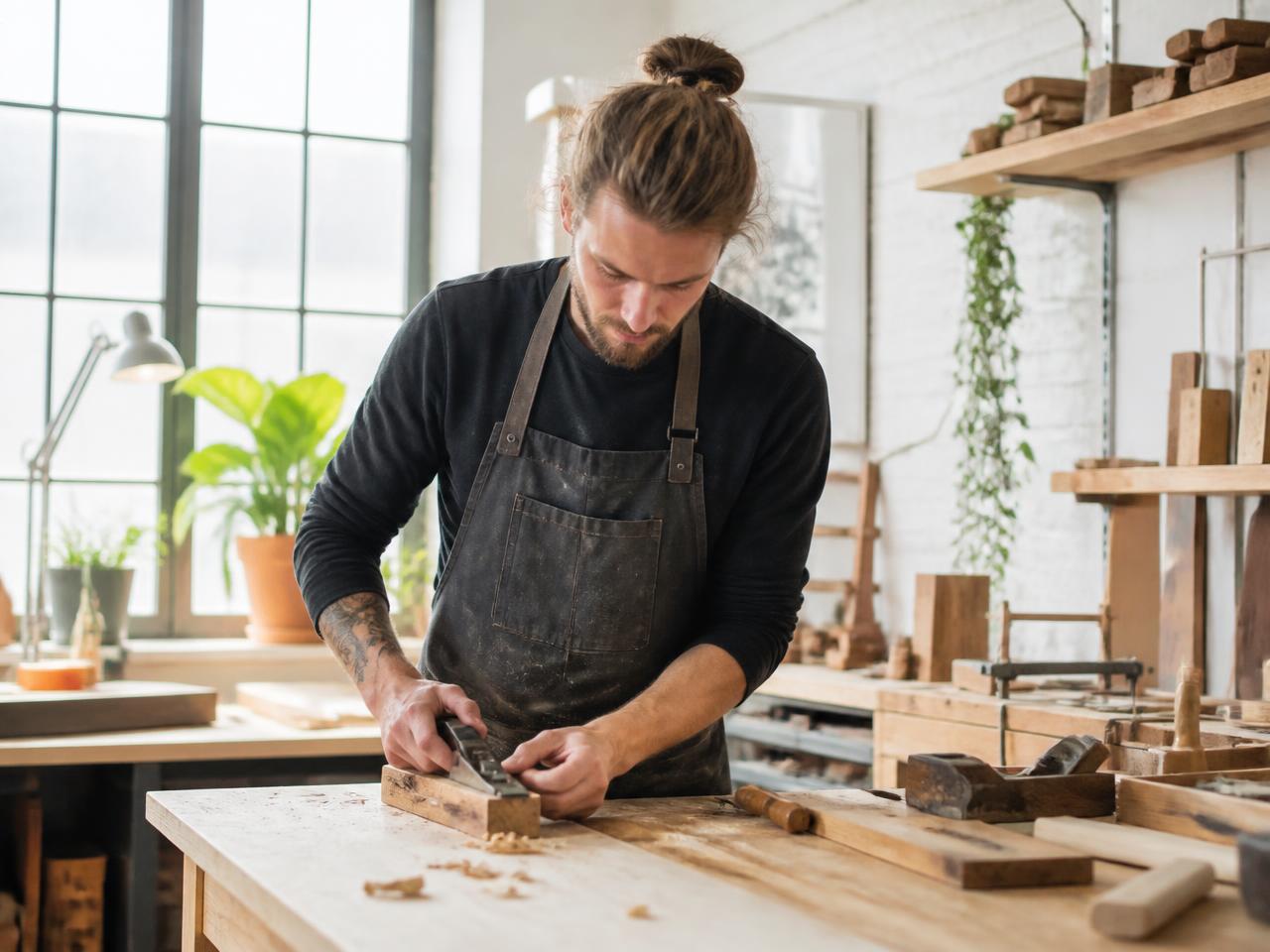 Handwerker bei der Holzbearbeitung in einer hellen Werkstatt – Imagefilm-Referenz